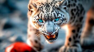 A fierce snow leopard prowls toward the camera on a sandy terrain with vibrant blue eyes photo