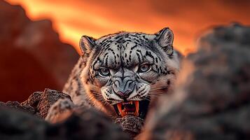 A fierce snow leopard snarling amidst rocky terrain at sunset, showcasing its powerful presence photo