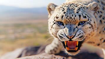 A fierce snow leopard snarling while prowling on a rocky outcrop in a vast, sunlit landscape photo