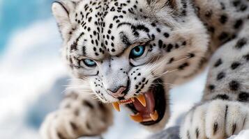 A fierce snow leopard snarling with piercing blue eyes, poised on a rocky ledge in a snowy landscape photo