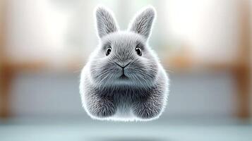A fluffy gray rabbit floating in mid-air, with a blurred home interior in the background photo