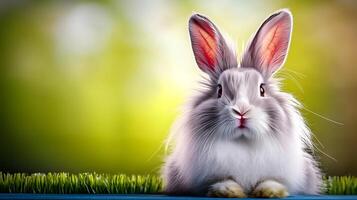 A fluffy gray rabbit with long ears sits on vibrant green grass in a serene, blurred background photo