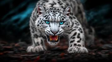A fierce snow leopard prowling through a dark forest, showcasing its striking blue eyes and powerful stance photo