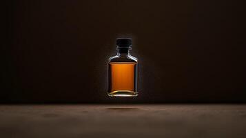 A floating glass bottle filled with amber liquid against a dark background, showcasing elegance photo