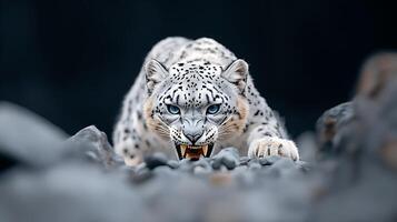 A fierce snow leopard prowling through rocky terrain, showcasing its striking blue eyes and intense expression photo