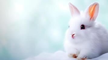 A fluffy white rabbit sitting gracefully on a soft surface with a serene blurred background photo