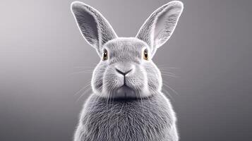A fluffy gray rabbit with bright eyes poses against a soft gradient background, showcasing its features photo