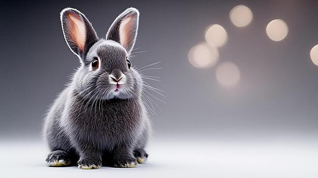 A fluffy gray rabbit sitting gracefully on a smooth surface with soft bokeh lights in the background photo