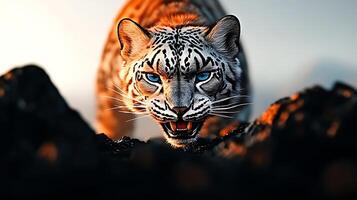 A fierce white tiger prowls over rocky terrain at sunset, showcasing its striking blue eyes and intense gaze photo