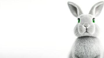 A fluffy white rabbit with vibrant green eyes, standing against a plain background, exuding charm photo