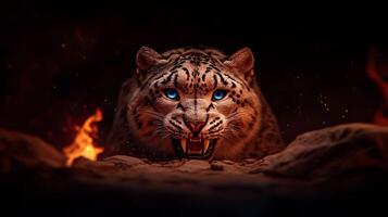 A fierce snow leopard with striking blue eyes prowls through a dark, fiery landscape photo