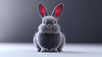 A fluffy gray rabbit with red-tipped ears sitting on a smooth surface, against a soft gradient background photo