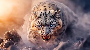 A fierce snow leopard prowls through a misty landscape at sunset, showcasing its raw power and beauty photo
