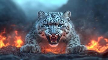A fierce snow leopard snarling amidst a fiery volcanic landscape, showcasing its power and agility photo