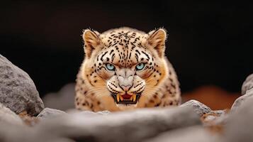 A fierce snow leopard prowling through rocky terrain, showcasing its striking blue eyes and powerful stance photo