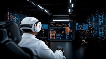 A focused individual in a high-tech control room analyzing data on multiple screens at night photo