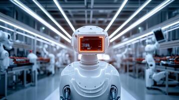 A futuristic robotic assembly line with humanoid robots working in a high-tech factory setting photo