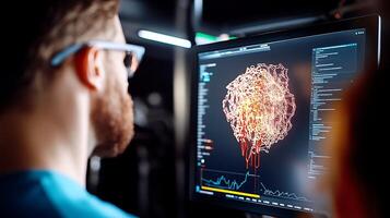 A focused individual analyzing complex data visualizations on a computer screen in a modern workspace photo