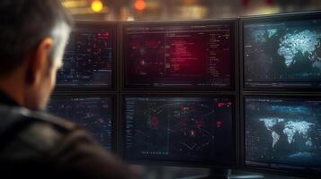 A focused individual analyzing multiple screens displaying data and maps in a high-tech control room photo
