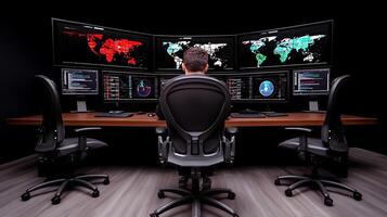 A focused individual monitoring global data on multiple screens in a high-tech control room photo