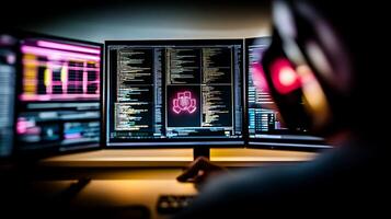 A focused individual wearing headphones works on coding tasks at a multi-monitor setup in a dimly lit environment photo
