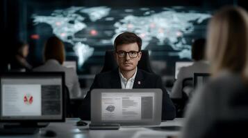 A focused analyst in a high-tech command center monitors global data on multiple screens photo
