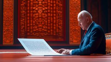 A focused individual reading an important document in an ornate, richly decorated room photo