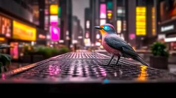A futuristic bird with glowing eyes perched on a wet street in a vibrant, neon-lit urban setting photo