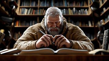 A focused elder man in a cozy library, deeply engaged in writing notes from an ancient book photo