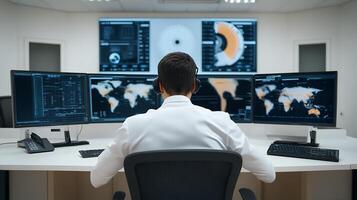 A focused analyst monitors global data trends in a modern control room with multiple screens photo