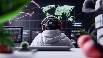 A focused individual in a high-tech environment analyzing global data trends on multiple screens photo