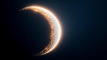 A glowing crescent moon with a luminous edge against a deep blue night sky, symbolizing tranquility photo