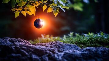 A glowing orb suspended from a tree branch in a serene forest setting at dusk photo