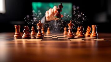 A hand strategically moves a chess piece on a wooden board, with a blurred digital background photo