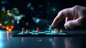 A hand moves a chess piece on a digital board, with glowing effects and a soft bokeh background photo