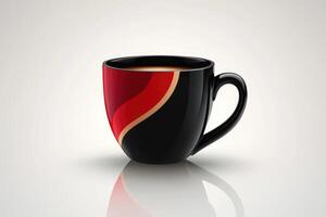 Stylish black and red coffee mug on reflective surface photo