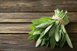 Fresh sage bundle on rustic wooden table. photo