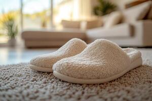 Comfortable home slippers resting on soft carpet in cozy living room. photo