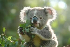 Adorable koala enjoying eucalyptus leaves in lush forest.. photo