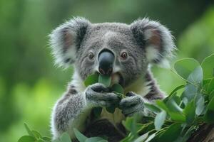 Adorable koala enjoying eucalyptus leaves in lush forest. photo