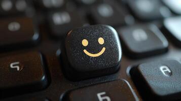 Smiley face key cap on computer keyboard photo