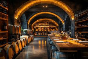 Wine cellar with barrels and tasting table displaying elegance and tradition photo