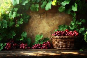 Rustic basket of fresh red grapes in vineyard setting photo