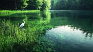 White heron standing in a lake with green reflections- photo