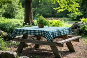 Peaceful picnic table with checkered tablecloth in forest photo