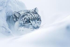 Snow leopard stealthily emerging from snowy den photo