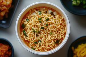 Delicious instant noodles with green onions in bowl photo