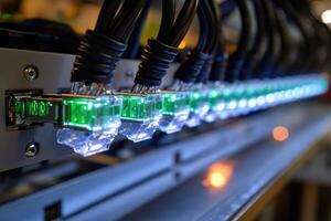 Row of glowing network cables in data center photo