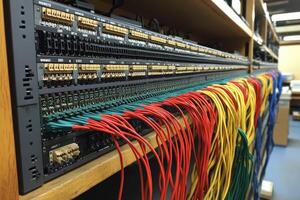 Colorful networking cables in server room setup photo