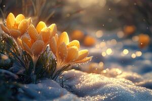 Yellow crocuses blooming in snow at sunset announcing spring arrival. photo